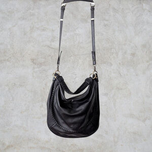 Braided Trim Slouchy Hobo Bag – Faux Leather - Black Large Boho